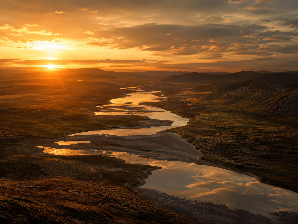 A low sun lighting a winding river